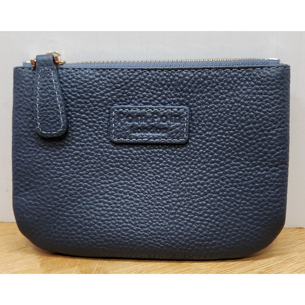 Pom Pom London Navy‎ Blue Pebbled Leather Coin Purse Gold Zip Wallet